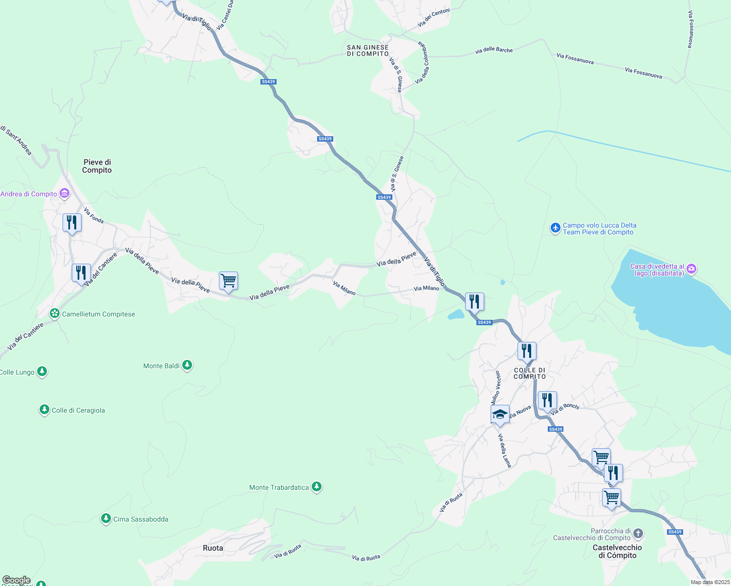 map of restaurants, bars, coffee shops, grocery stores, and more near 12 Via Milano in Capannori