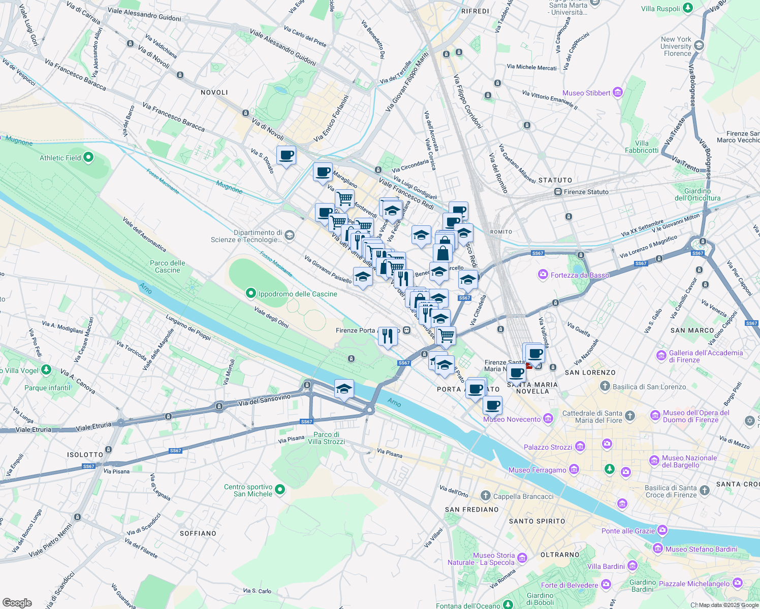 map of restaurants, bars, coffee shops, grocery stores, and more near 7 Via Giovanni Paisiello in Florence