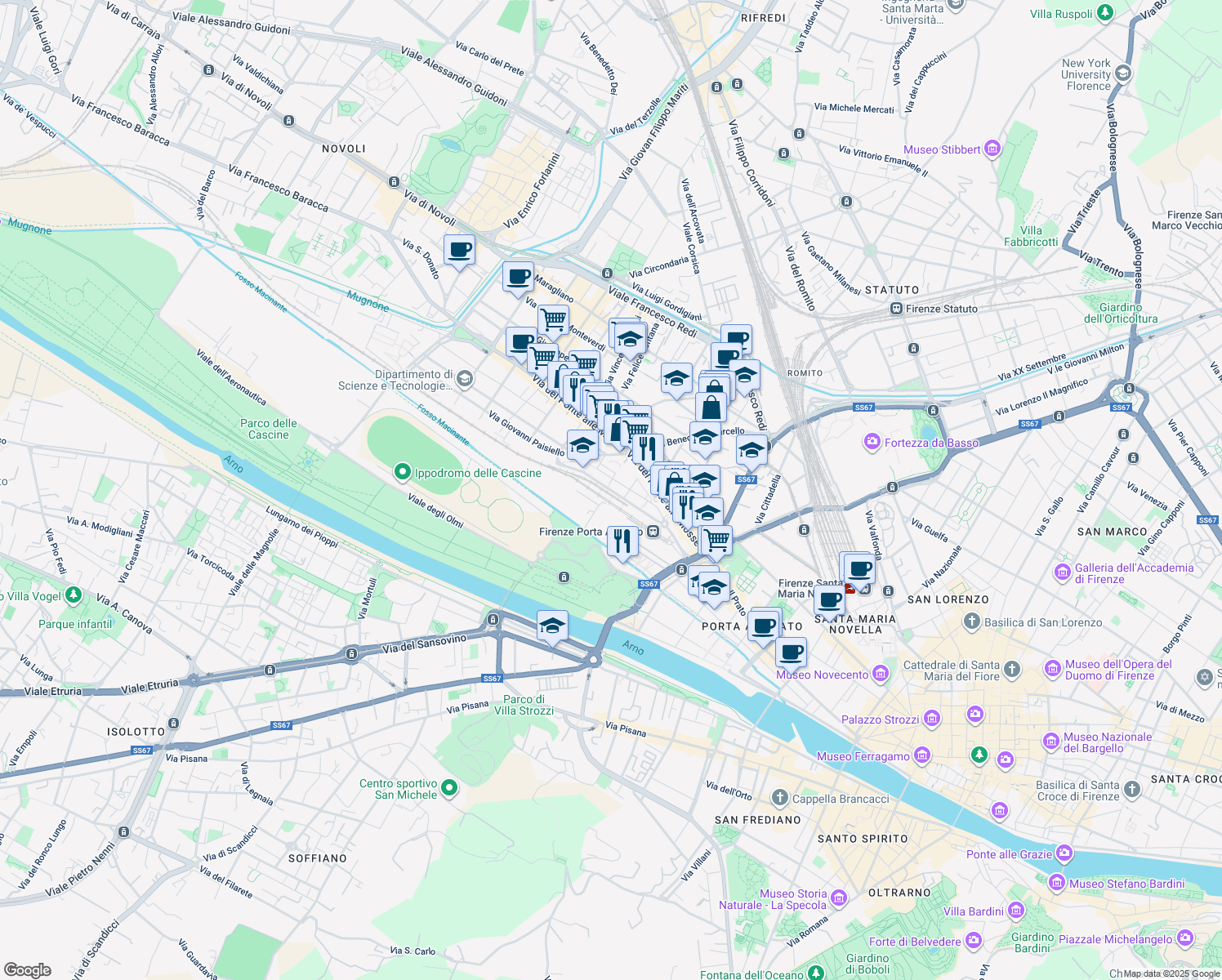 map of restaurants, bars, coffee shops, grocery stores, and more near 7 Via Giovanni Paisiello in Florence