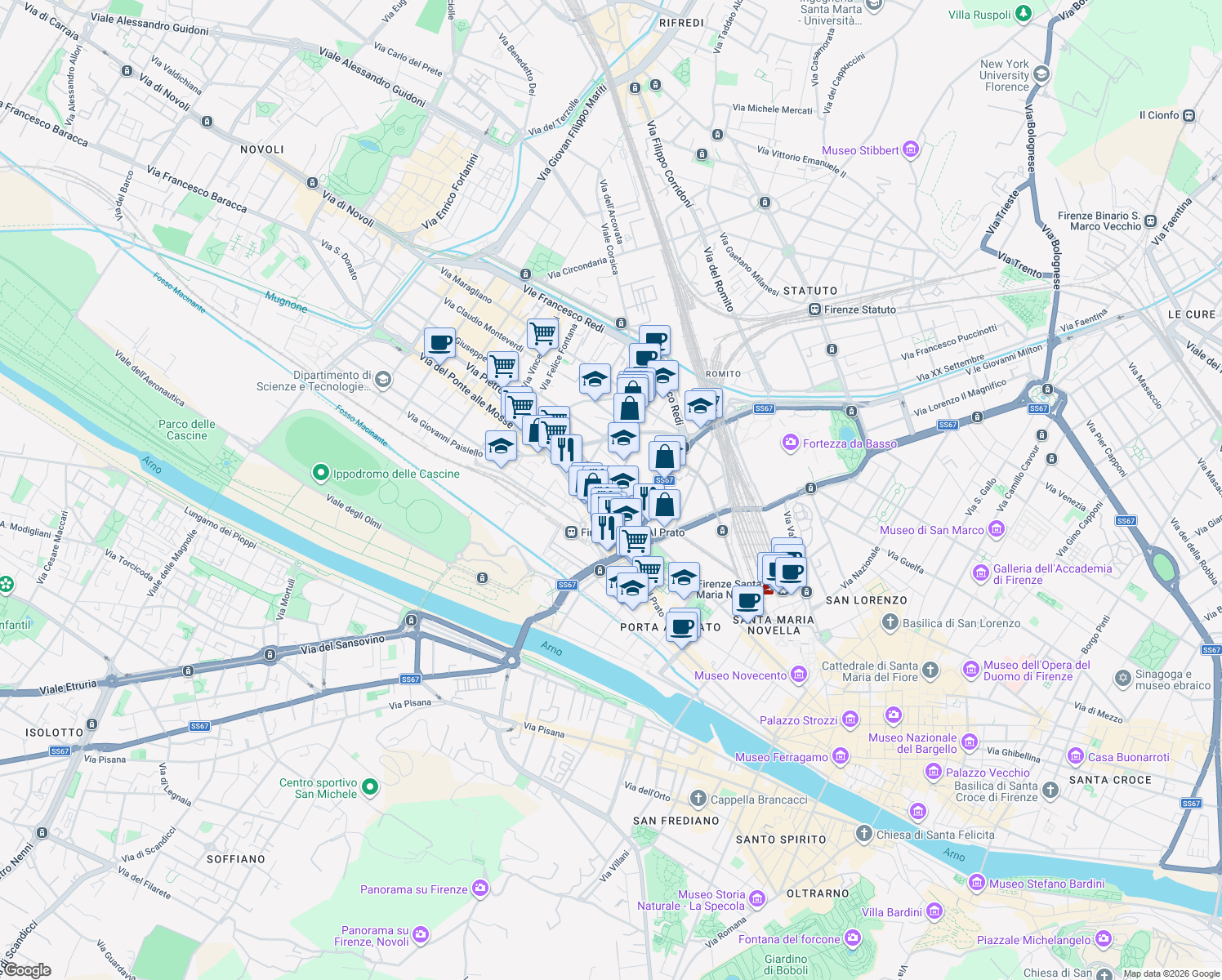 map of restaurants, bars, coffee shops, grocery stores, and more near 12-18 Via Pierluigi da Palestrina in Florence
