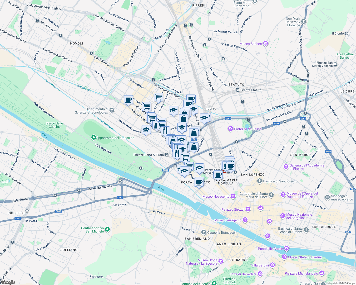 map of restaurants, bars, coffee shops, grocery stores, and more near 12-18 Via Pierluigi da Palestrina in Florence