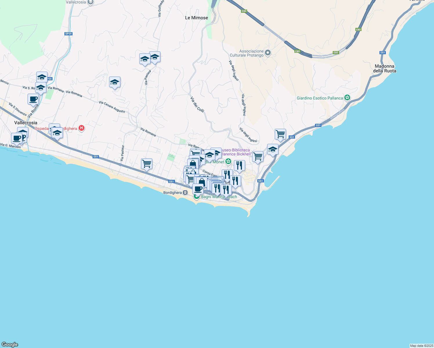 map of restaurants, bars, coffee shops, grocery stores, and more near 52 Corso Europa in Bordighera