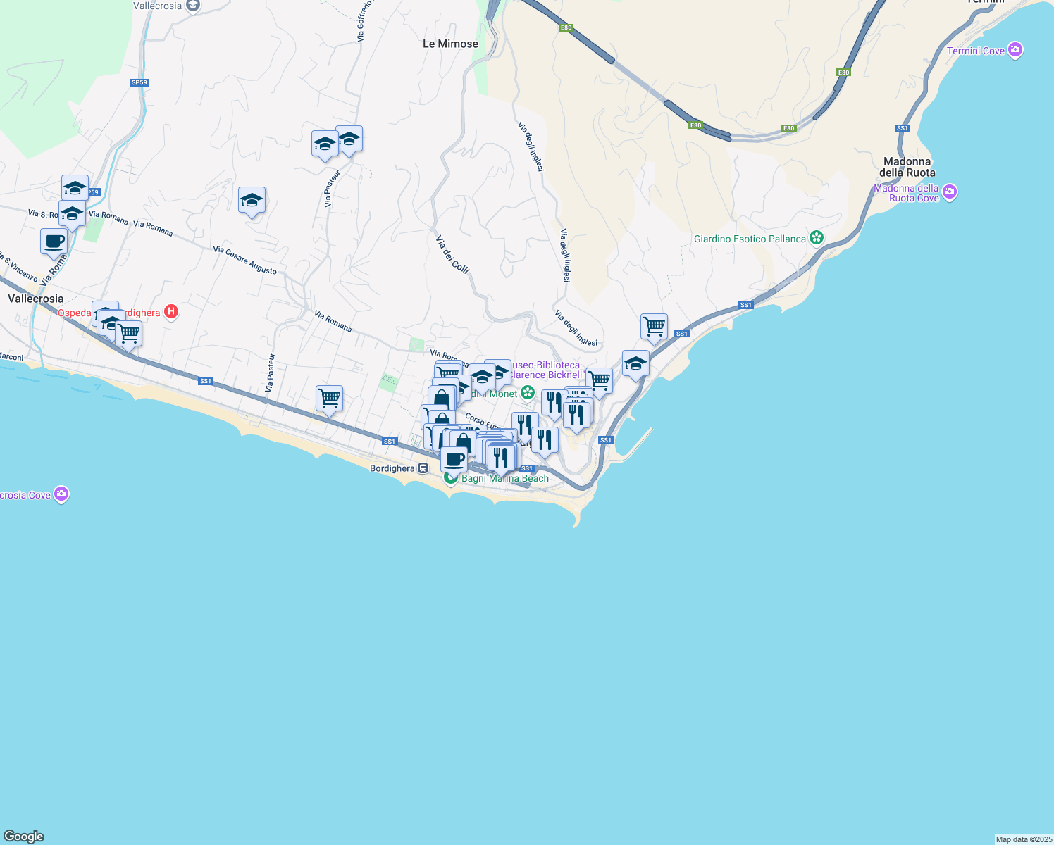 map of restaurants, bars, coffee shops, grocery stores, and more near Via Camillo Benso di Cavour in Bordighera