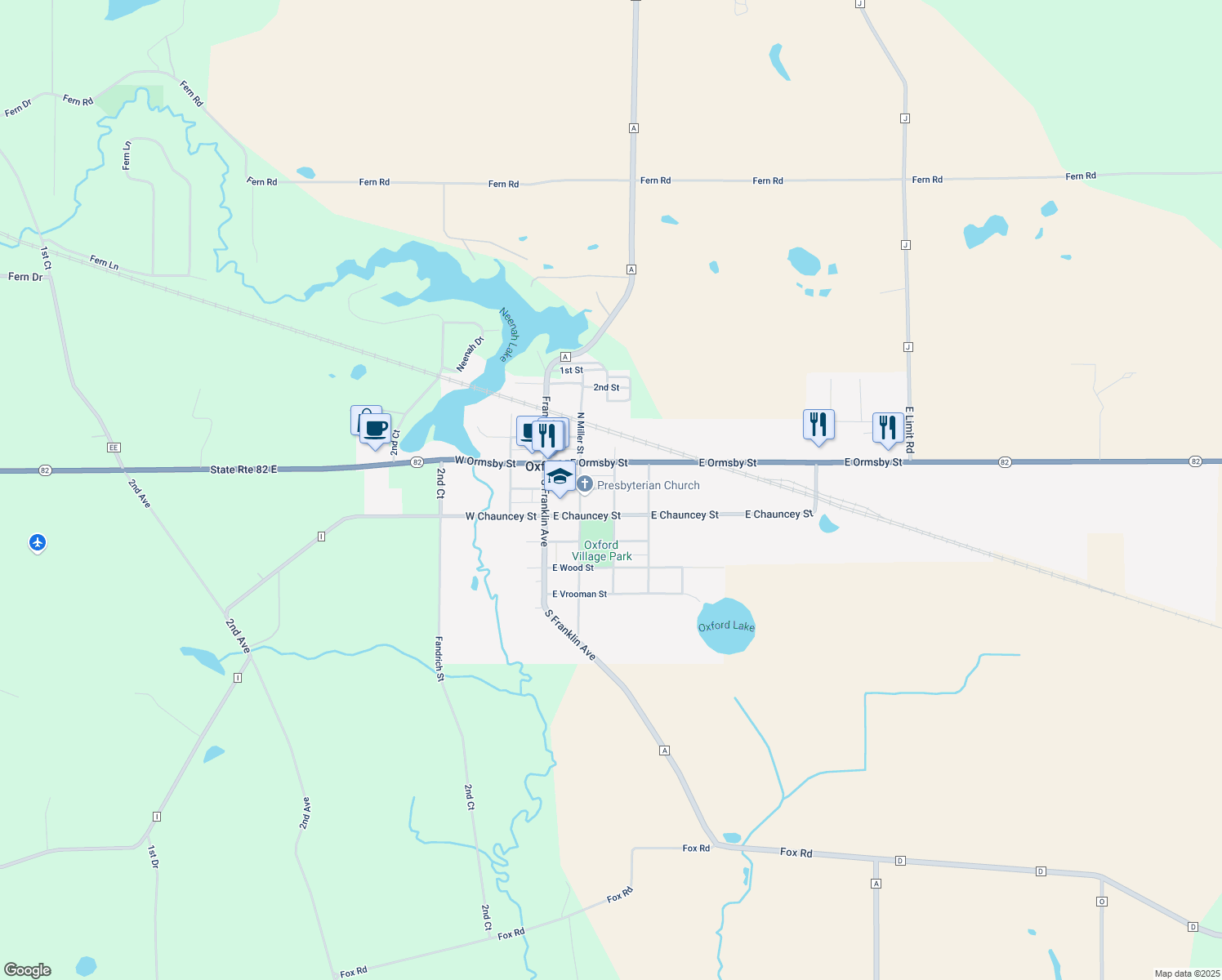 map of restaurants, bars, coffee shops, grocery stores, and more near 209 South Smith Street in Oxford