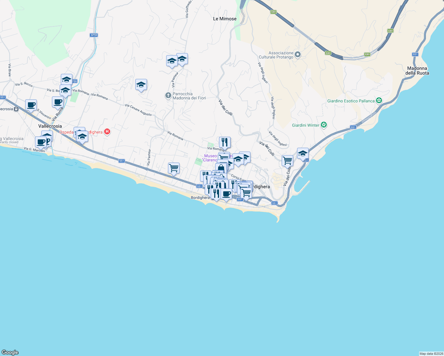 map of restaurants, bars, coffee shops, grocery stores, and more near 90 Corso Italia in Bordighera