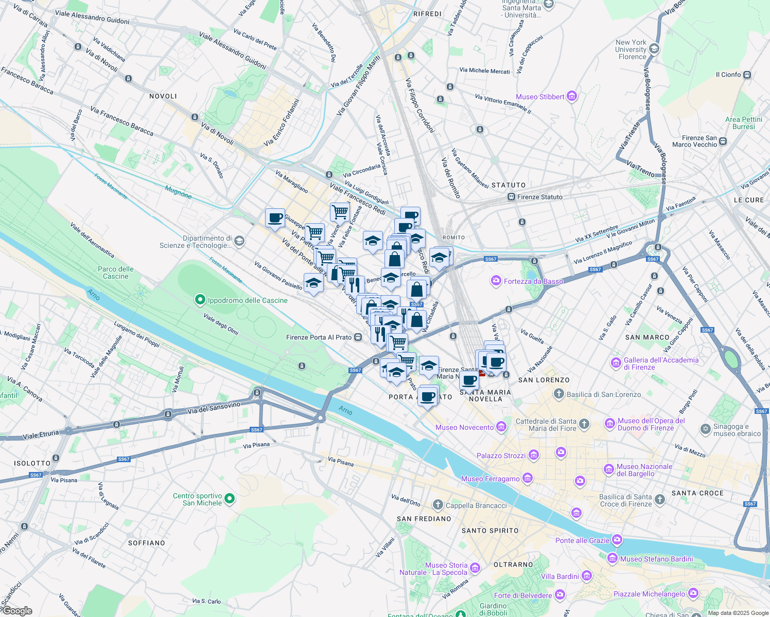 map of restaurants, bars, coffee shops, grocery stores, and more near 12 Via Pierluigi da Palestrina in Firenze