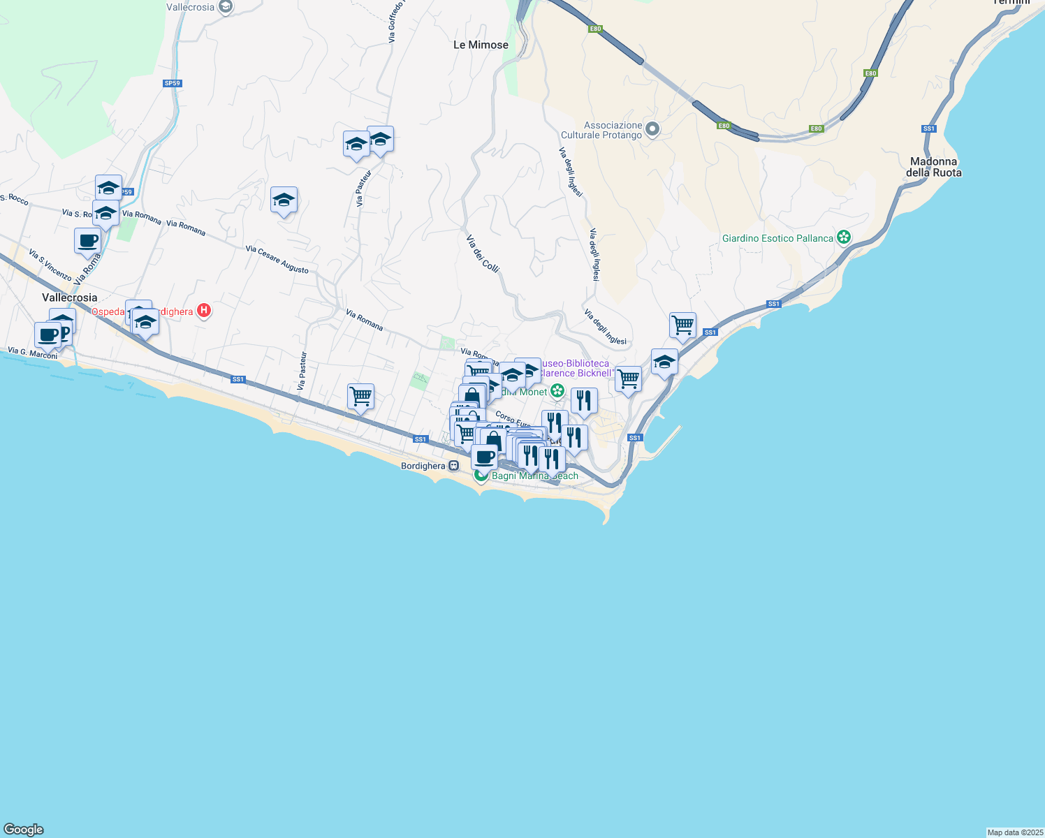 map of restaurants, bars, coffee shops, grocery stores, and more near 52 Corso Europa in Bordighera