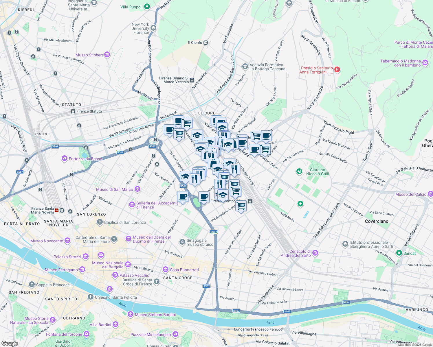 map of restaurants, bars, coffee shops, grocery stores, and more near 190 Via Masaccio in Firenze