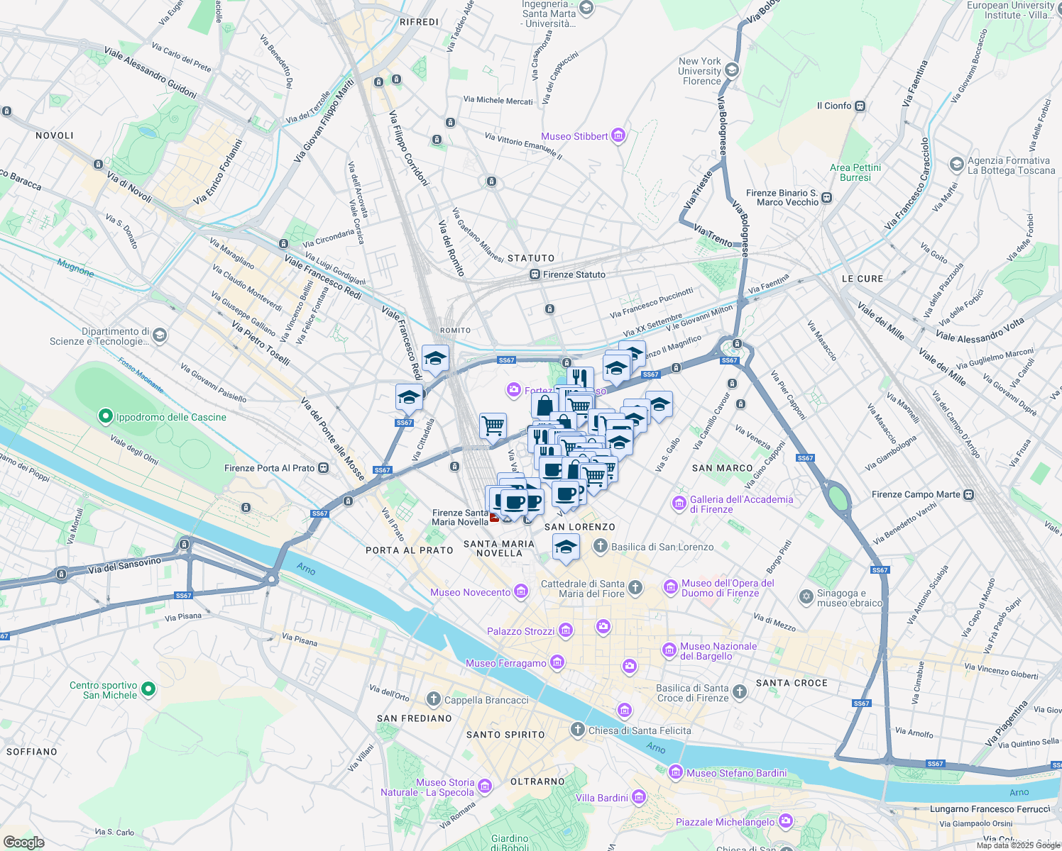 map of restaurants, bars, coffee shops, grocery stores, and more near Viale Filippo Strozzi in Florence