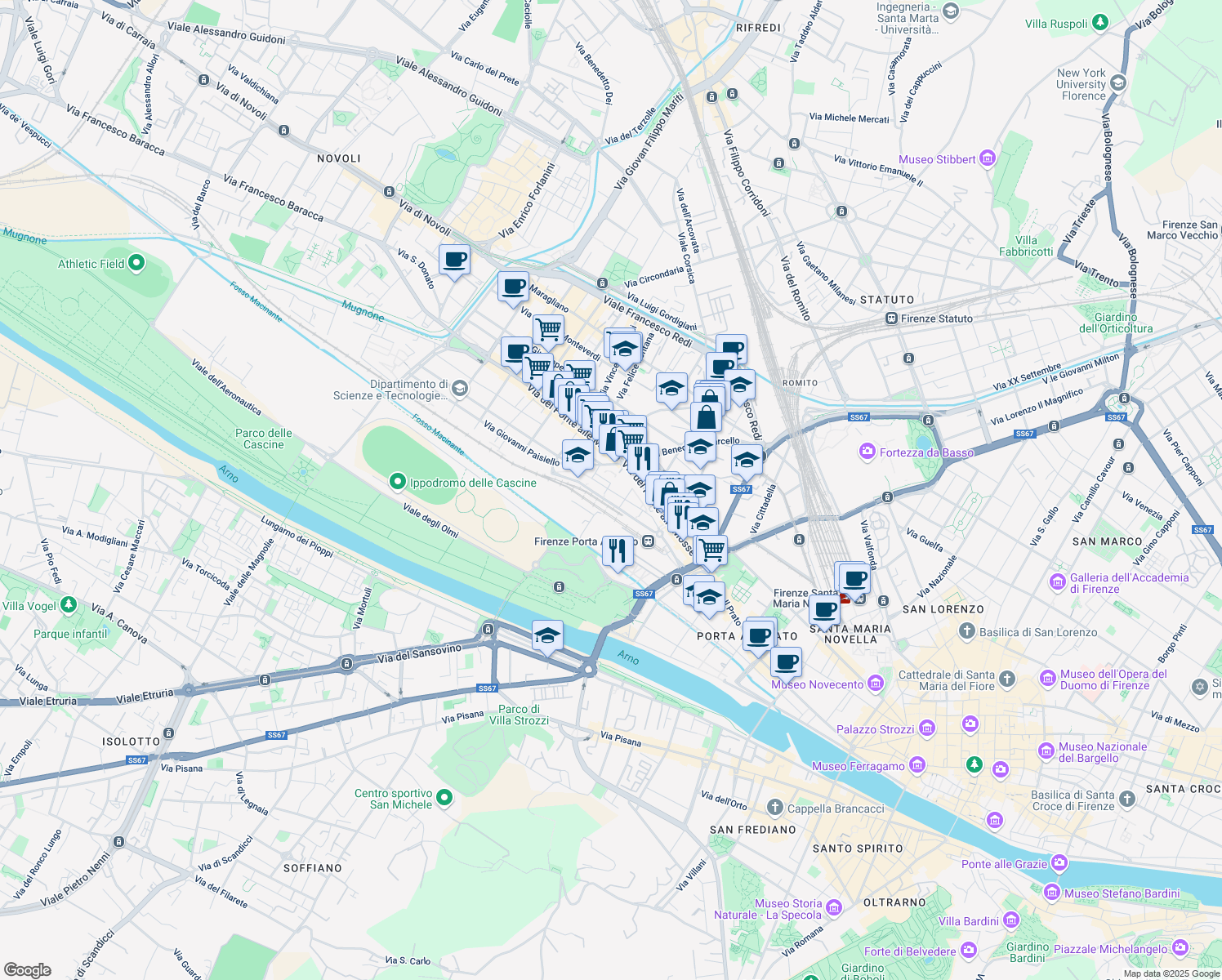 map of restaurants, bars, coffee shops, grocery stores, and more near 7 Via Giovanni Paisiello in Firenze