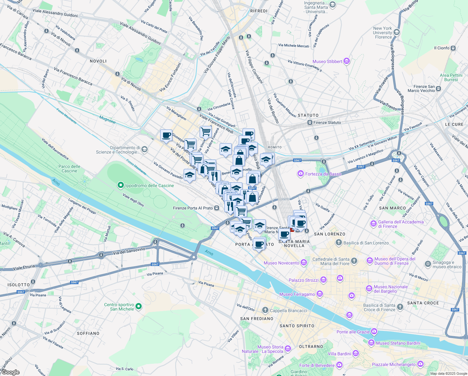 map of restaurants, bars, coffee shops, grocery stores, and more near 12-18 Via Pierluigi da Palestrina in Florence