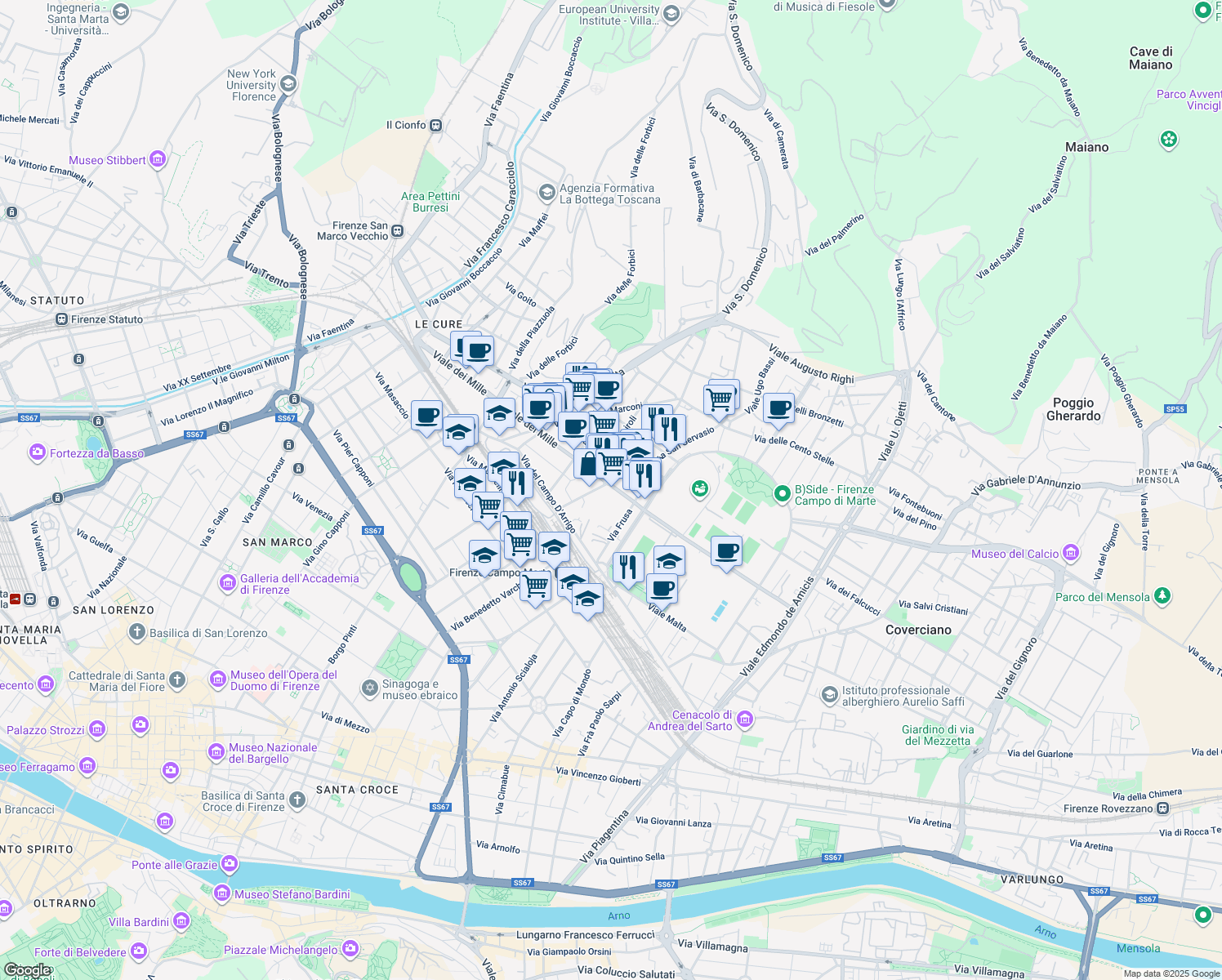 map of restaurants, bars, coffee shops, grocery stores, and more near 11 Viale dei Mille in Florence