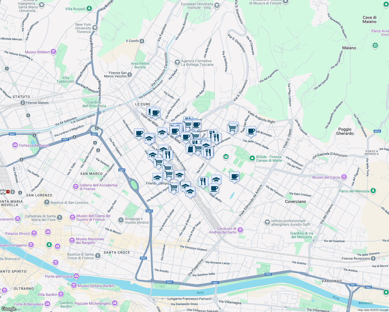 map of restaurants, bars, coffee shops, grocery stores, and more near 11 Viale dei Mille in Florence