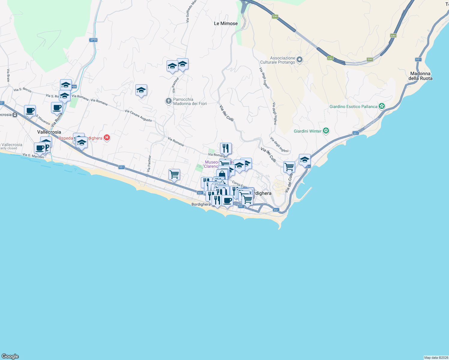 map of restaurants, bars, coffee shops, grocery stores, and more near 90 Corso Italia in Bordighera