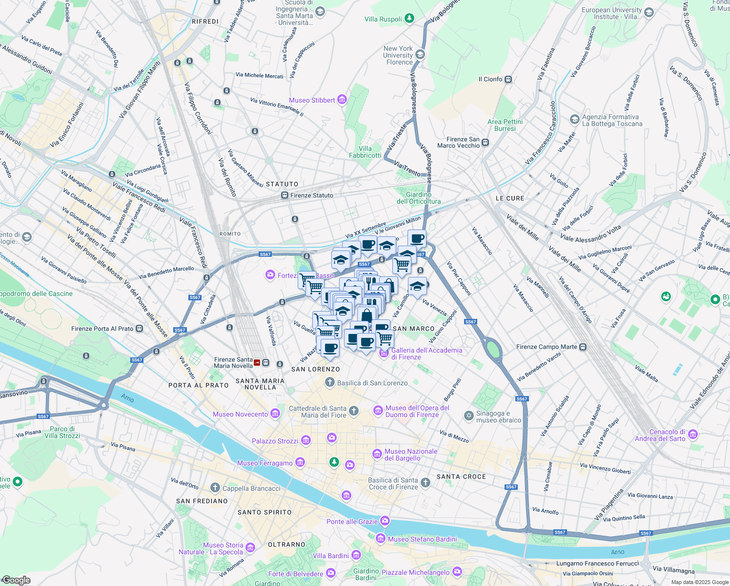 map of restaurants, bars, coffee shops, grocery stores, and more near 10 Via delle Ruote in Firenze