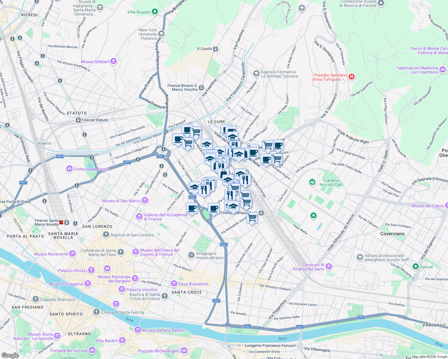 map of restaurants, bars, coffee shops, grocery stores, and more near 190 Via Masaccio in Firenze