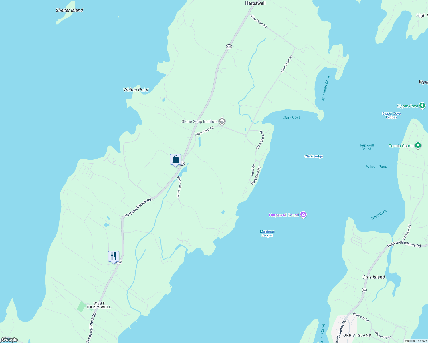 map of restaurants, bars, coffee shops, grocery stores, and more near Mallard Pond Road in Harpswell