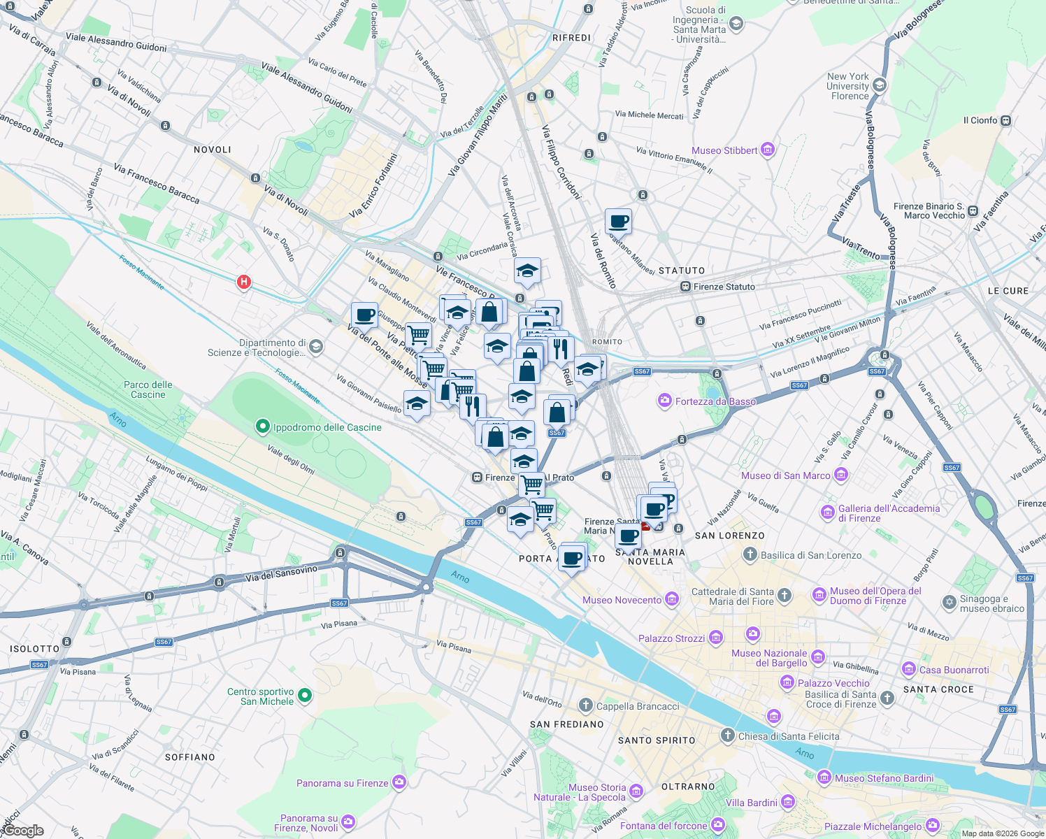 map of restaurants, bars, coffee shops, grocery stores, and more near 28 Via Benedetto Marcello in Firenze