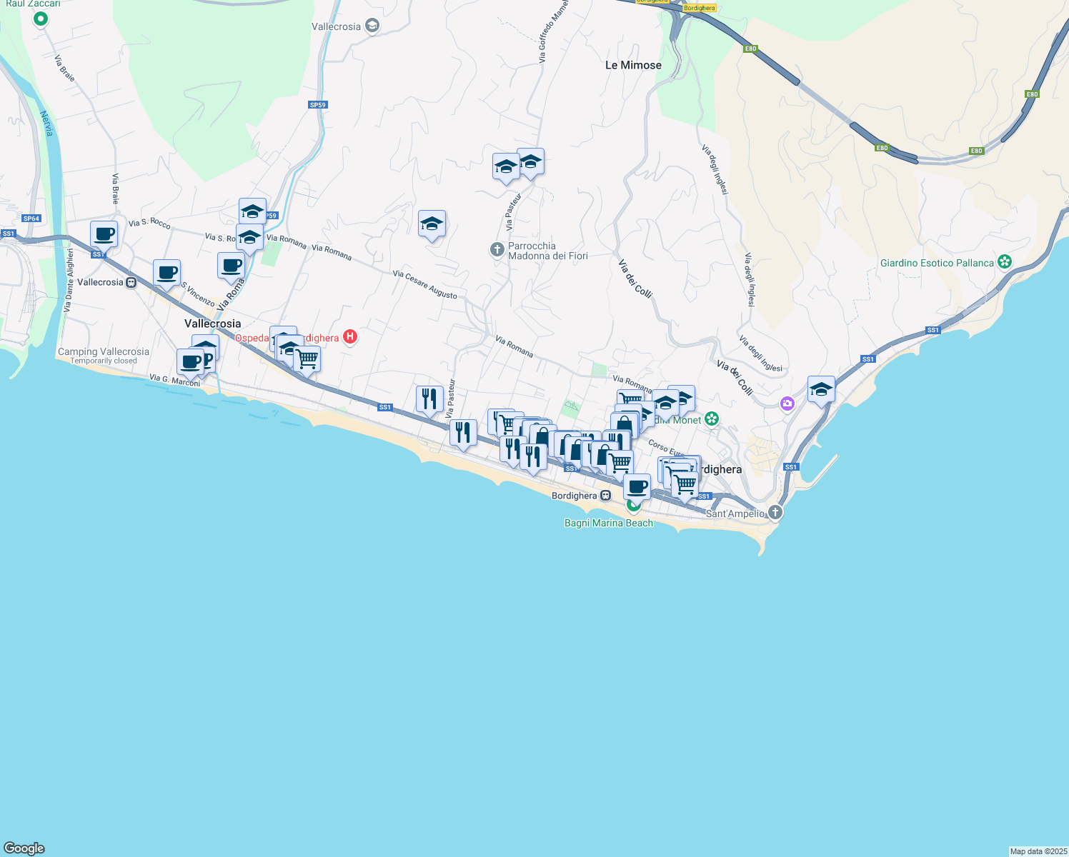 map of restaurants, bars, coffee shops, grocery stores, and more near 6A Via Villa Franca in Bordighera