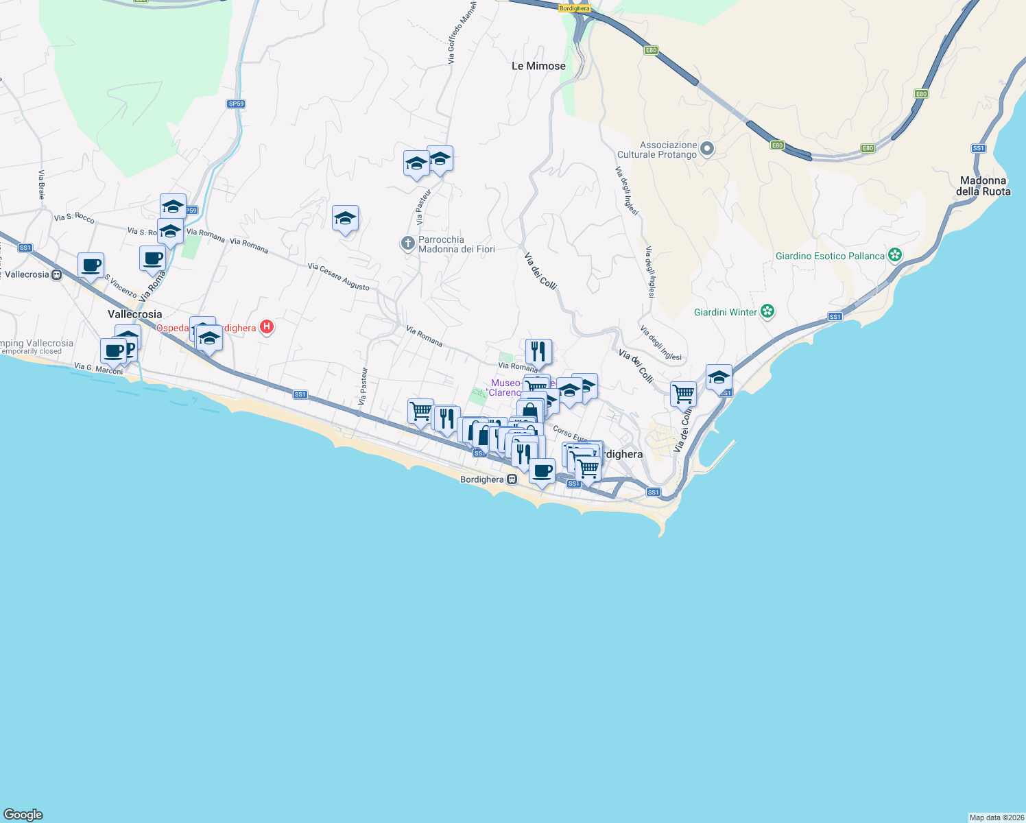 map of restaurants, bars, coffee shops, grocery stores, and more near 13 Via Quintino Sella in Bordighera