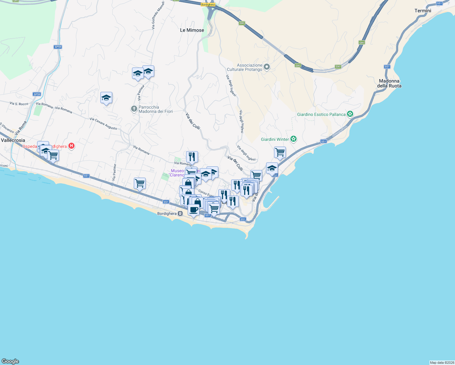 map of restaurants, bars, coffee shops, grocery stores, and more near 28 Via Virgilio in Bordighera