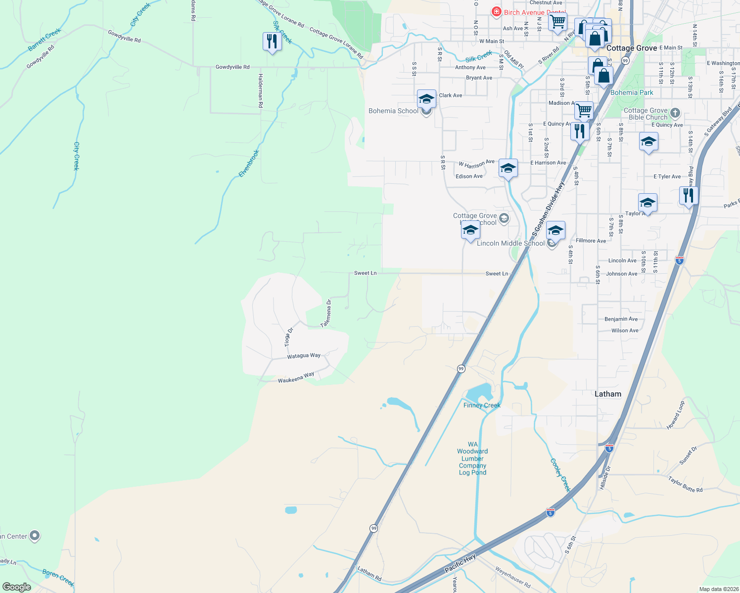 map of restaurants, bars, coffee shops, grocery stores, and more near 78135 Daybreak Drive in Cottage Grove