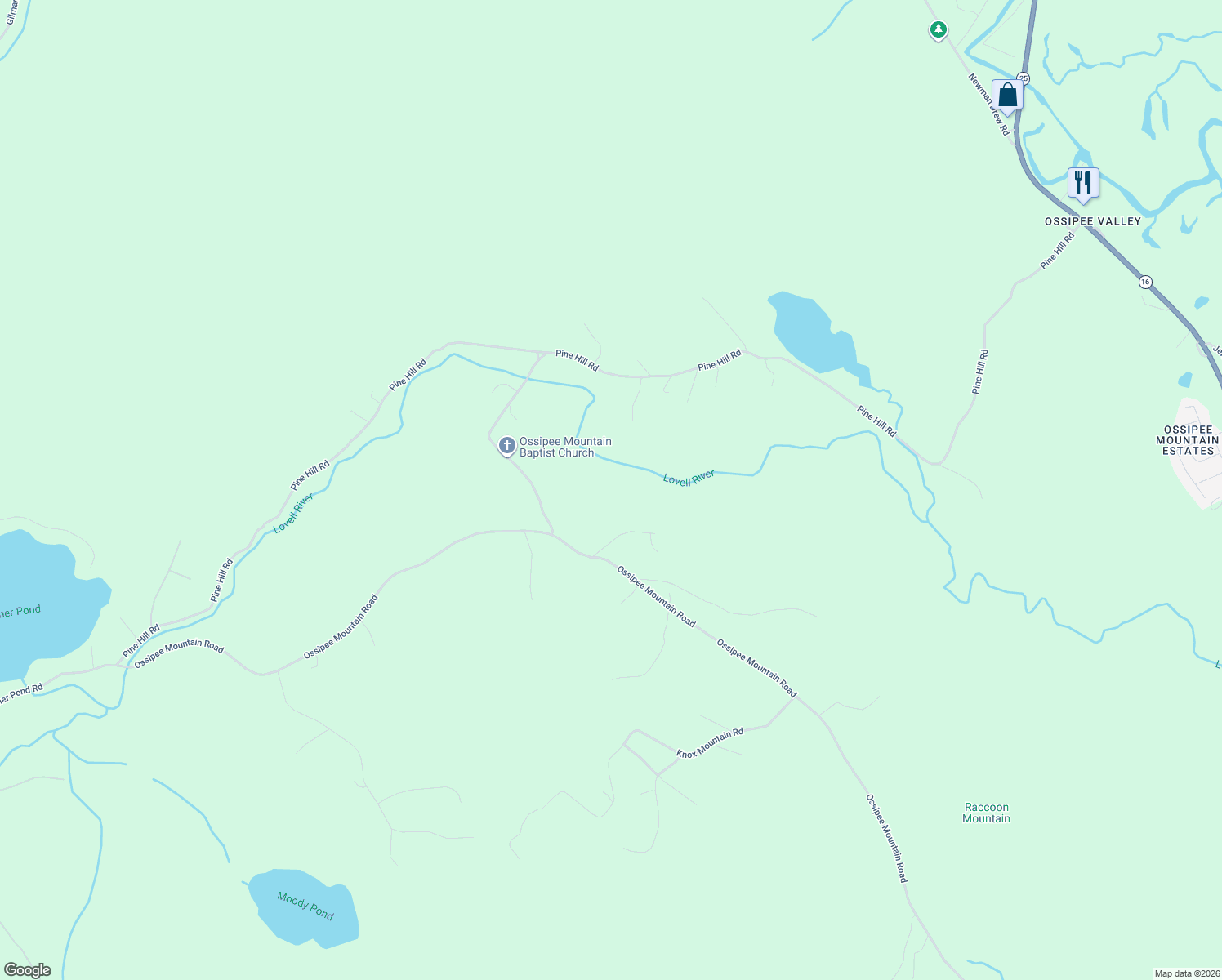 map of restaurants, bars, coffee shops, grocery stores, and more near 50 Chapel Road in Ossipee