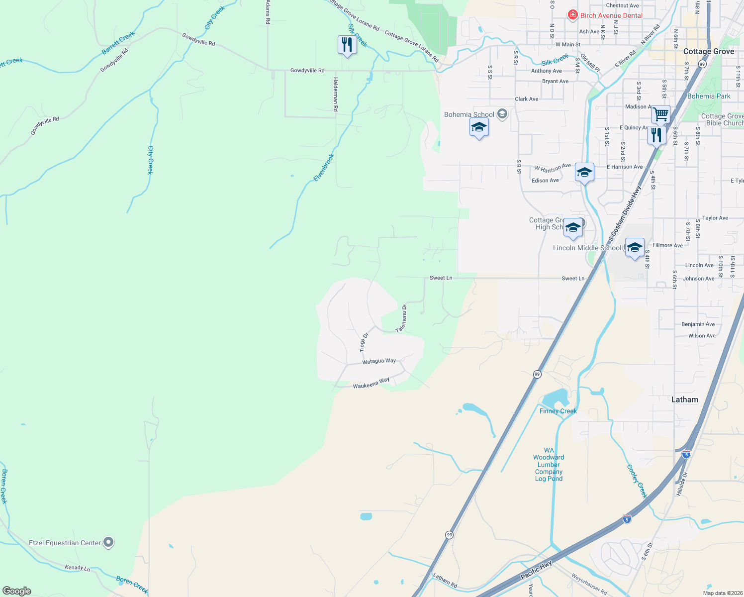 map of restaurants, bars, coffee shops, grocery stores, and more near 326 Talemena Drive in Cottage Grove