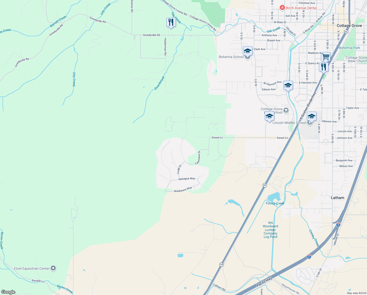 map of restaurants, bars, coffee shops, grocery stores, and more near 326 Talemena Drive in Cottage Grove