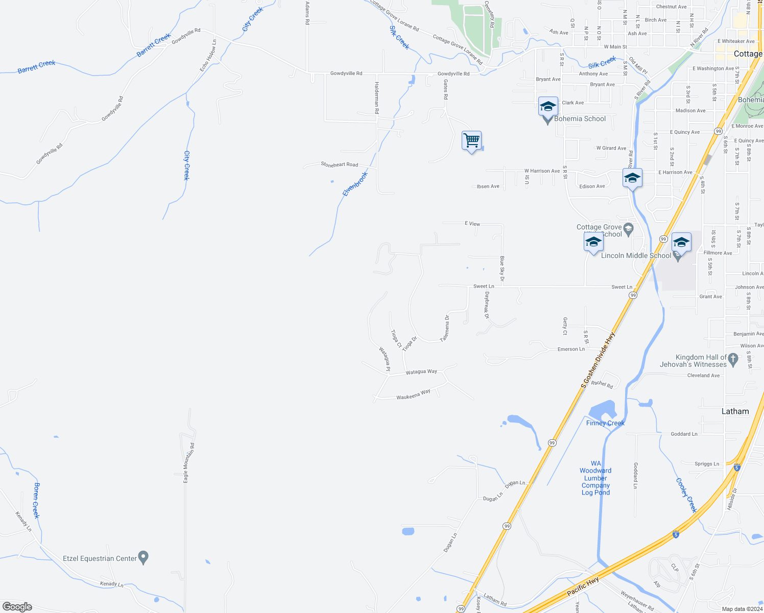 map of restaurants, bars, coffee shops, grocery stores, and more near 128 Watagua Place in Cottage Grove