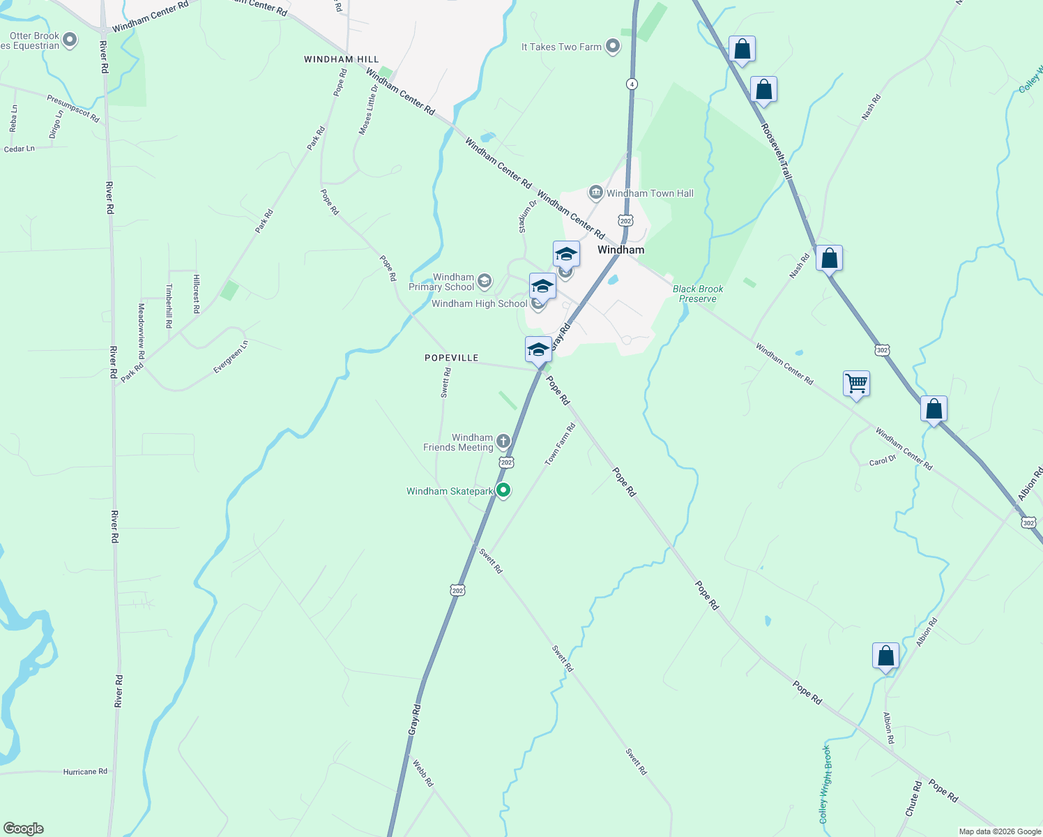 map of restaurants, bars, coffee shops, grocery stores, and more near 384 Gray Road in Windham
