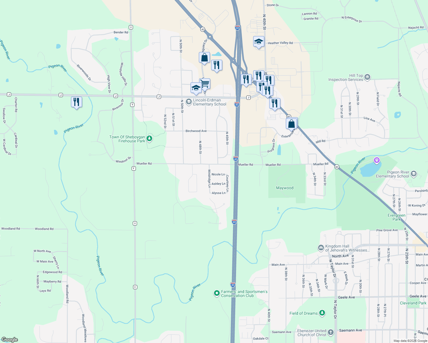 map of restaurants, bars, coffee shops, grocery stores, and more near 4616 Nicole Lane in Sheboygan