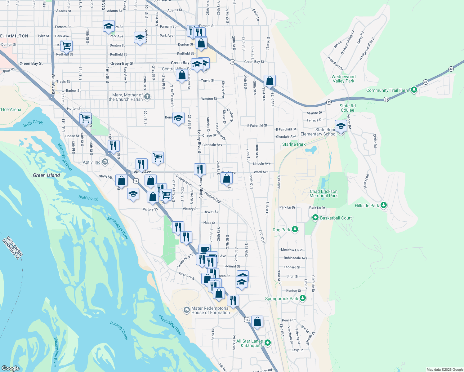 map of restaurants, bars, coffee shops, grocery stores, and more near 2819 27th Street South in La Crosse