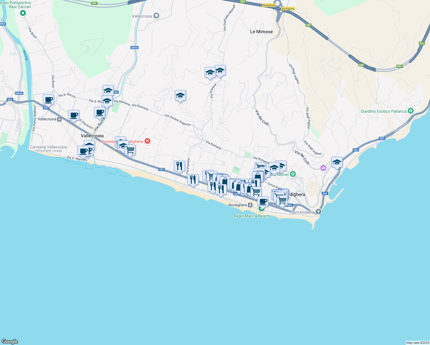map of restaurants, bars, coffee shops, grocery stores, and more near 6A Via Villafranca in Bordighera