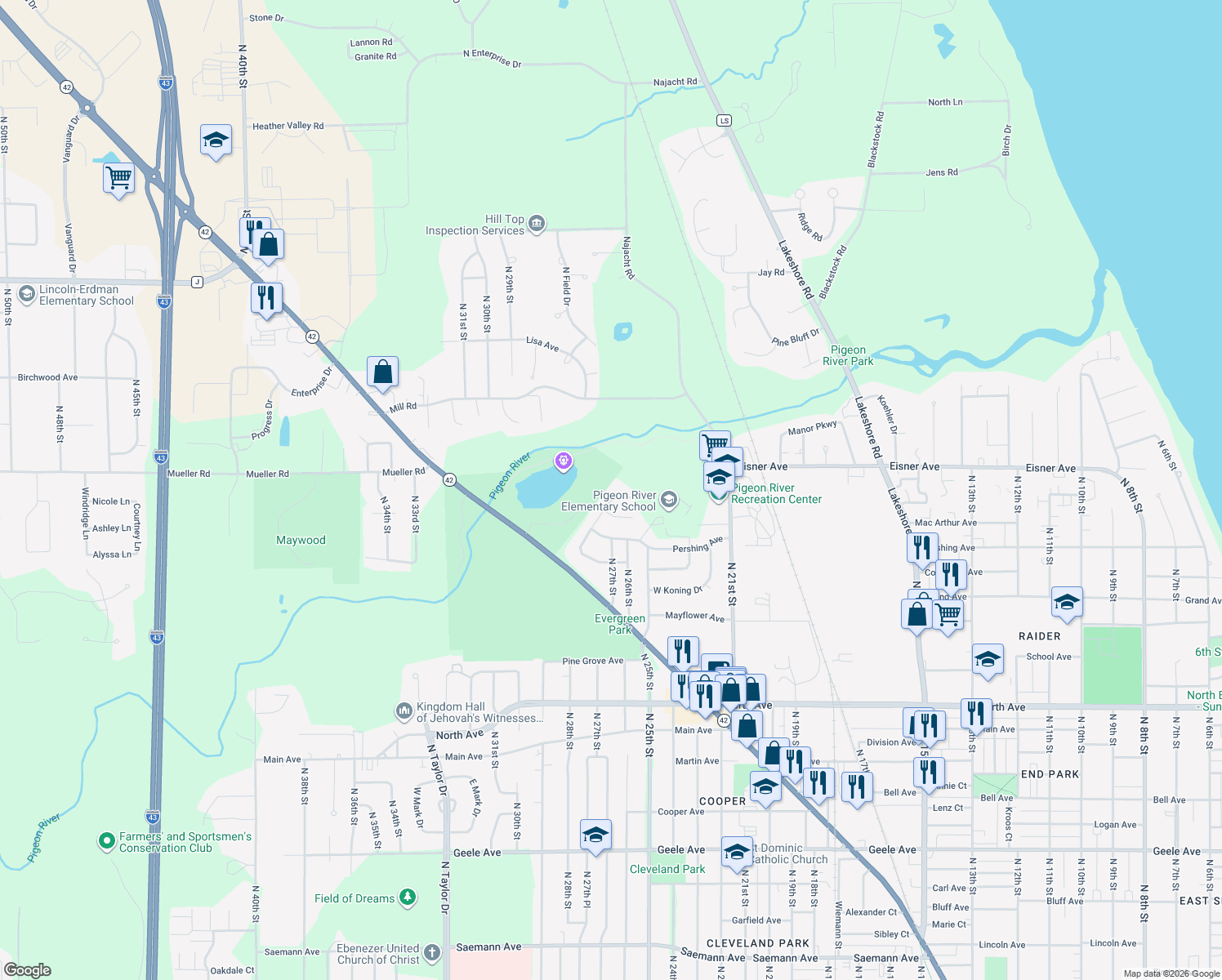 map of restaurants, bars, coffee shops, grocery stores, and more near 2708 Eisner Avenue in Sheboygan