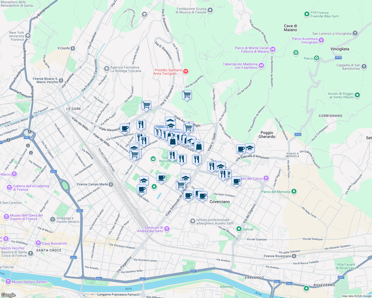 map of restaurants, bars, coffee shops, grocery stores, and more near 28 Via Castelfidardo in Firenze