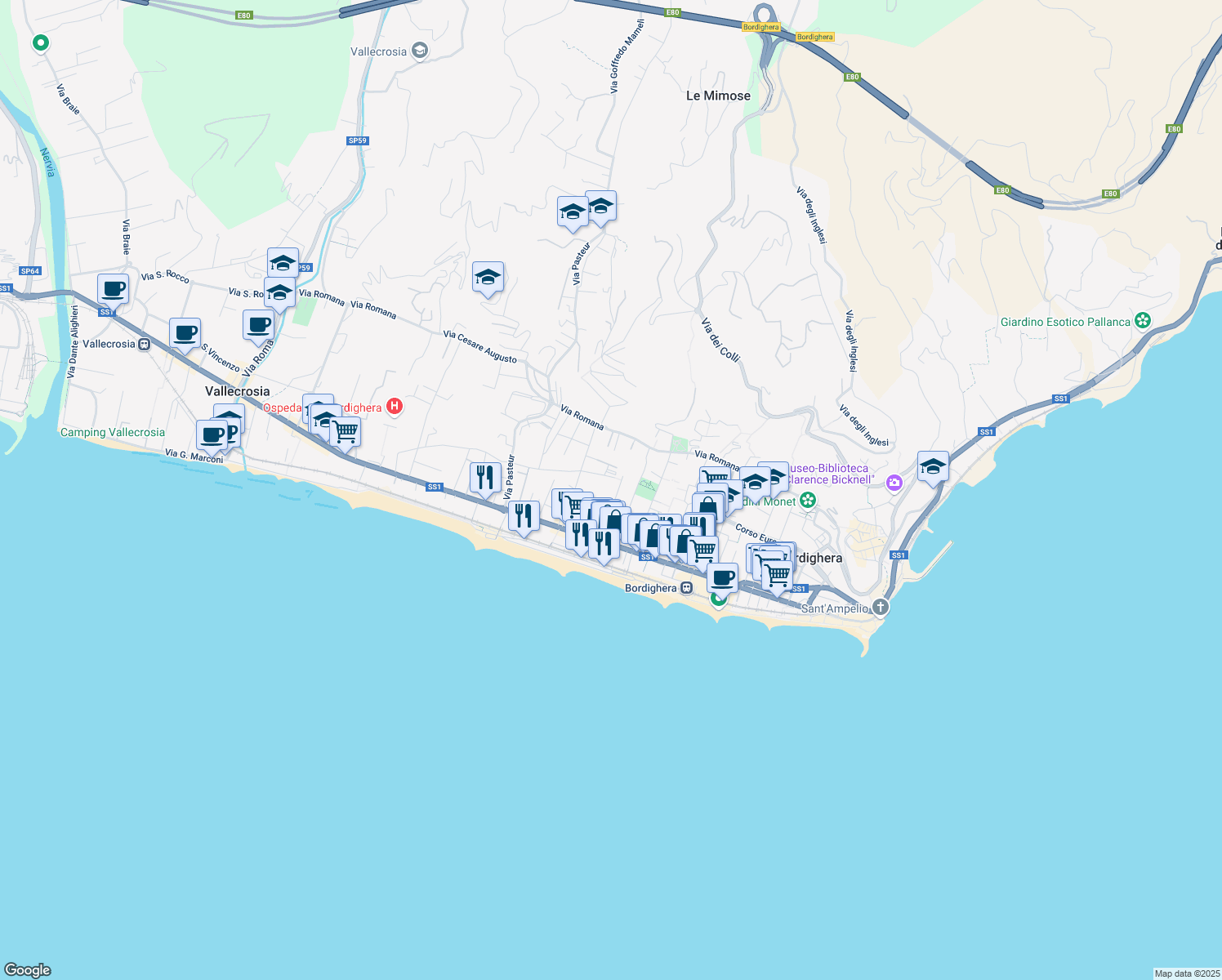 map of restaurants, bars, coffee shops, grocery stores, and more near 6A Via Villa Franca in Bordighera