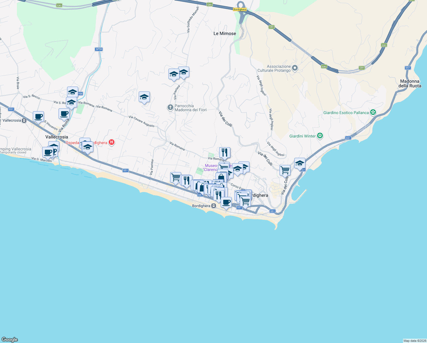 map of restaurants, bars, coffee shops, grocery stores, and more near 13 Via Quintino Sella in Bordighera
