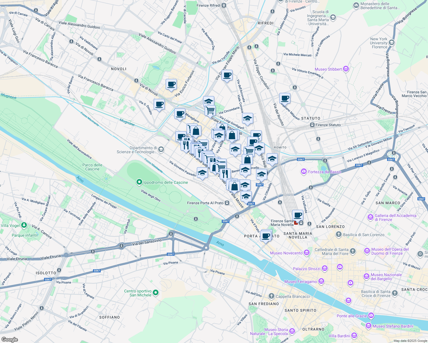 map of restaurants, bars, coffee shops, grocery stores, and more near 123-131 Via del Ponte alle Mosse in Firenze