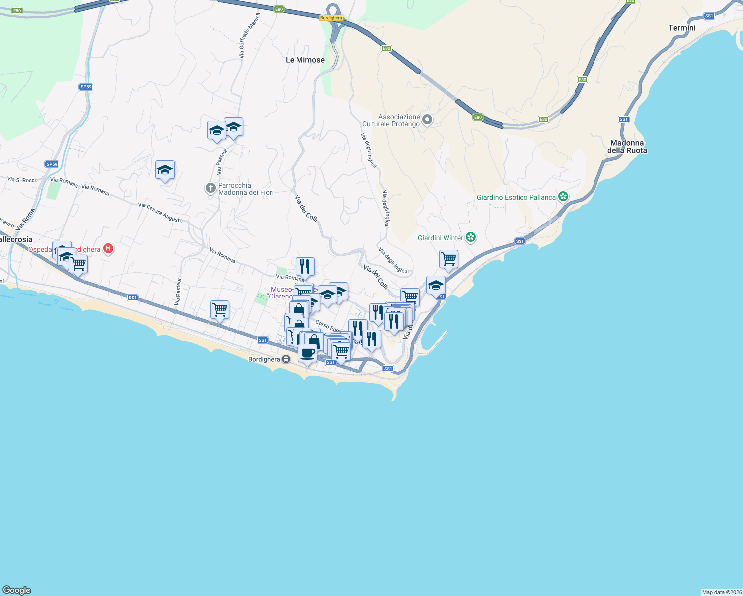 map of restaurants, bars, coffee shops, grocery stores, and more near 28 Via Virgilio in Bordighera