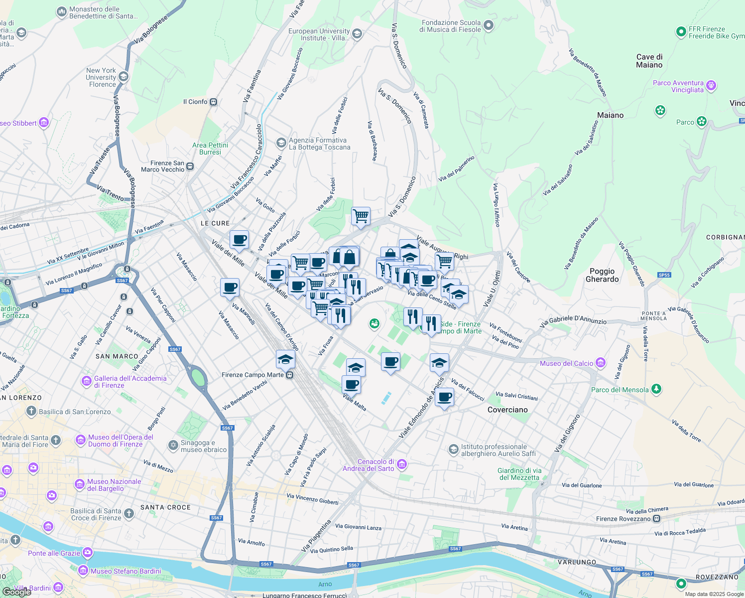 map of restaurants, bars, coffee shops, grocery stores, and more near 53 Viale Manfredo Fanti in Firenze