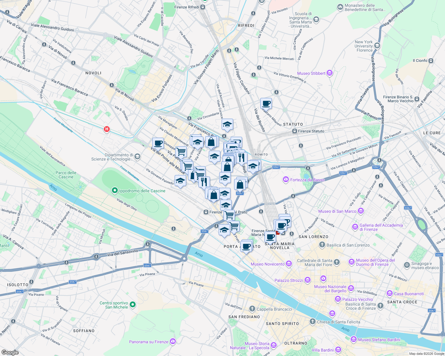 map of restaurants, bars, coffee shops, grocery stores, and more near 28 Via Marcello Benedetto in Florence