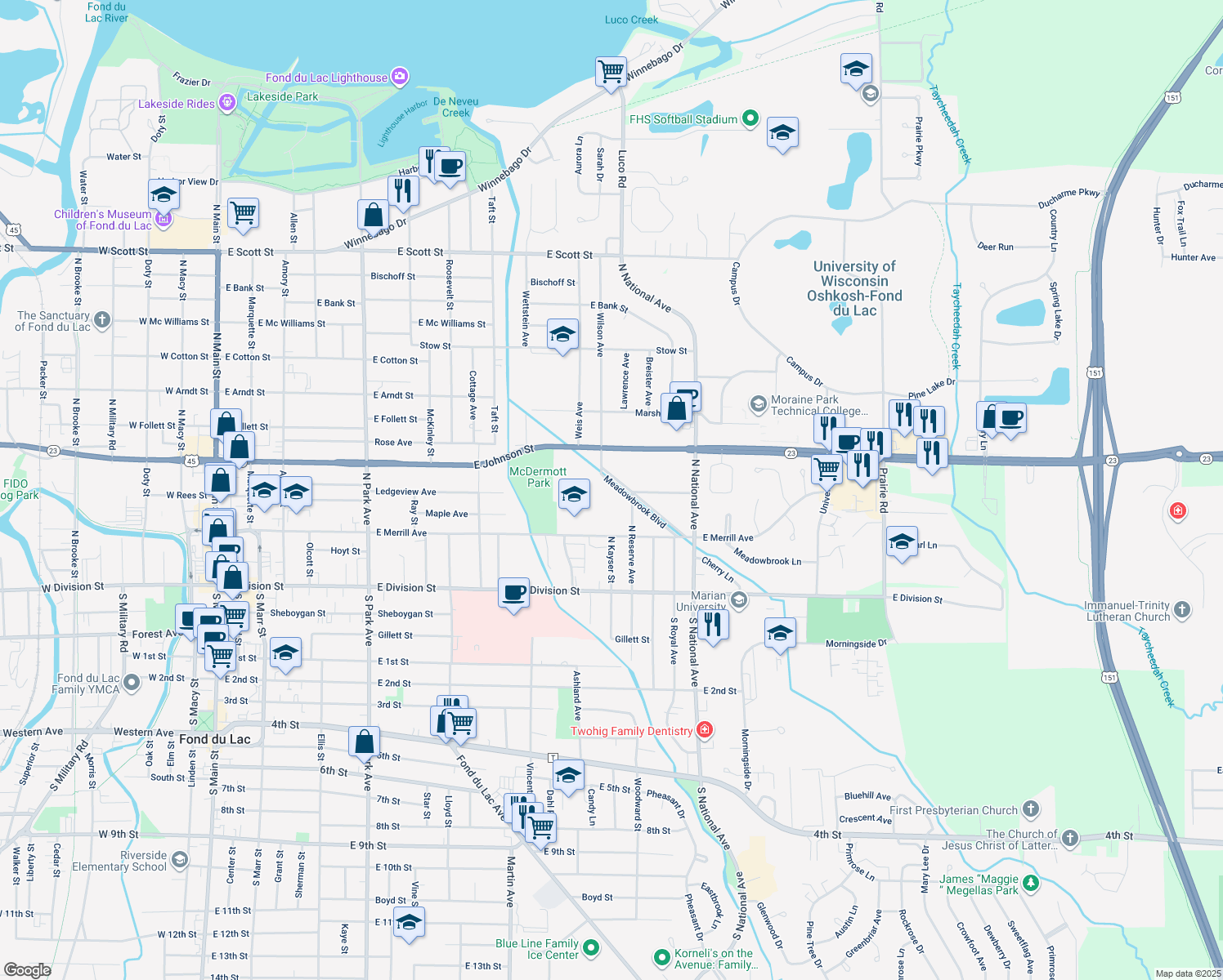 map of restaurants, bars, coffee shops, grocery stores, and more near 146 Meadowbrook Boulevard in Fond du Lac