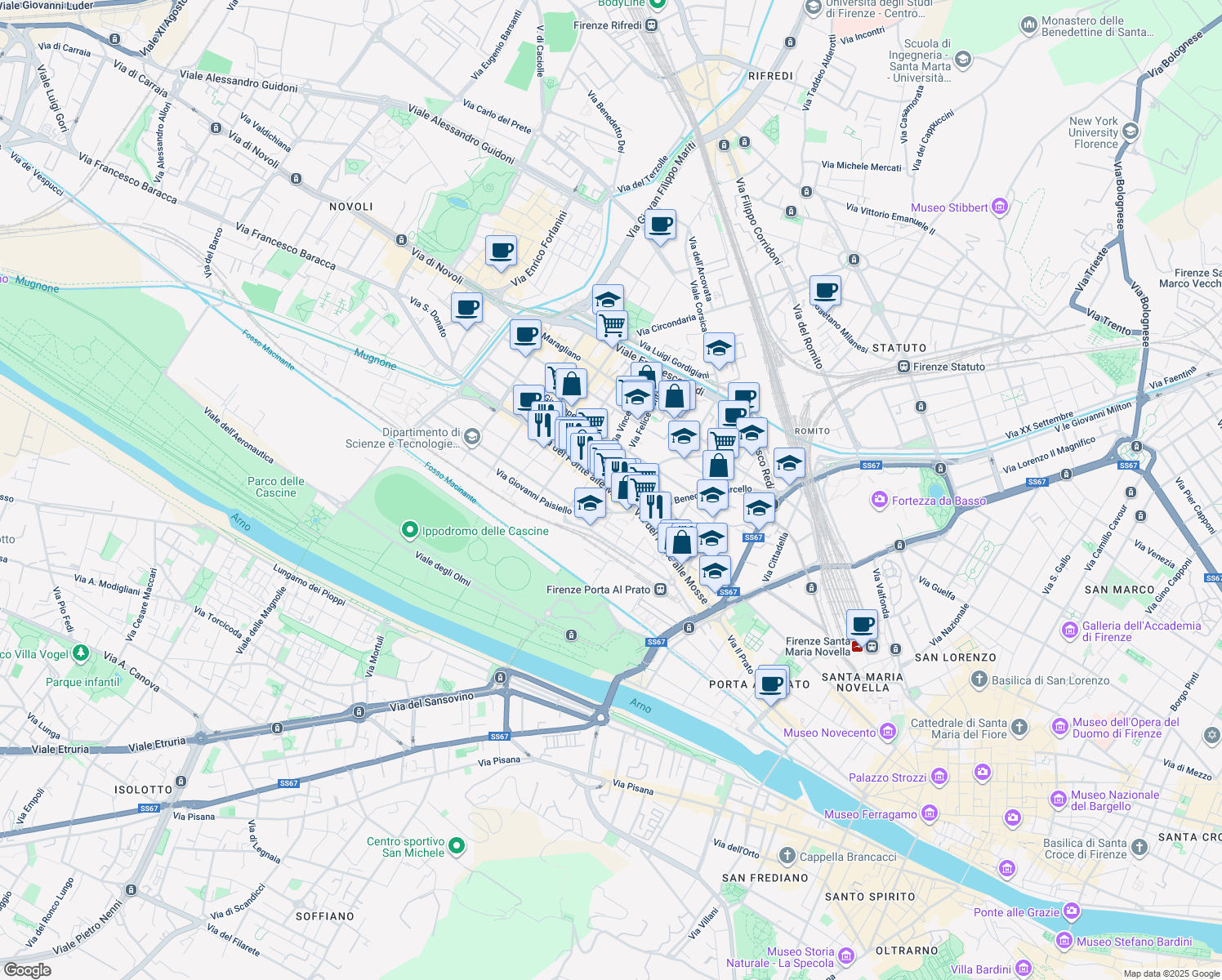 map of restaurants, bars, coffee shops, grocery stores, and more near 131 Via del Ponte alle Mosse in Firenze