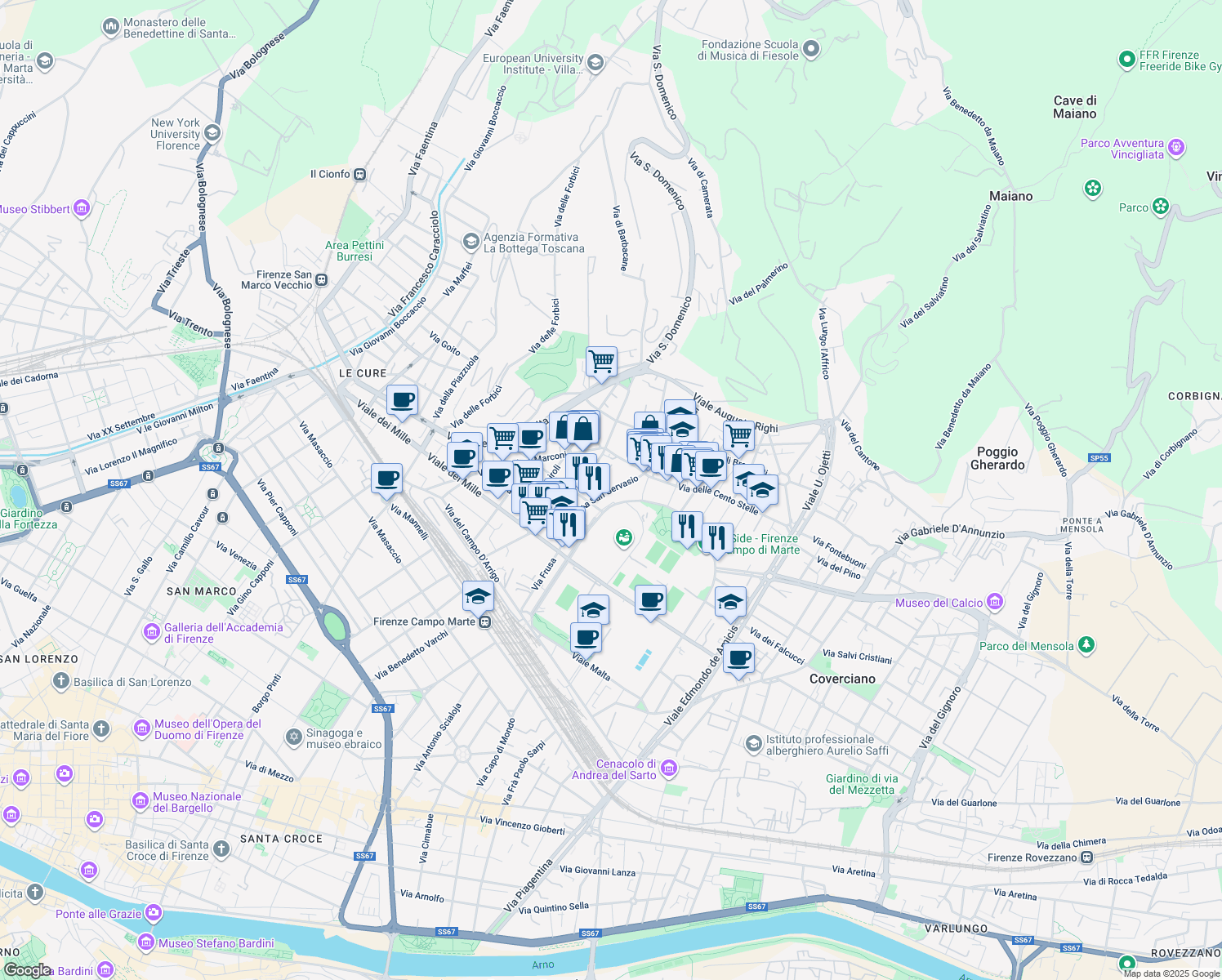 map of restaurants, bars, coffee shops, grocery stores, and more near 53 Viale Manfredo Fanti in Florence