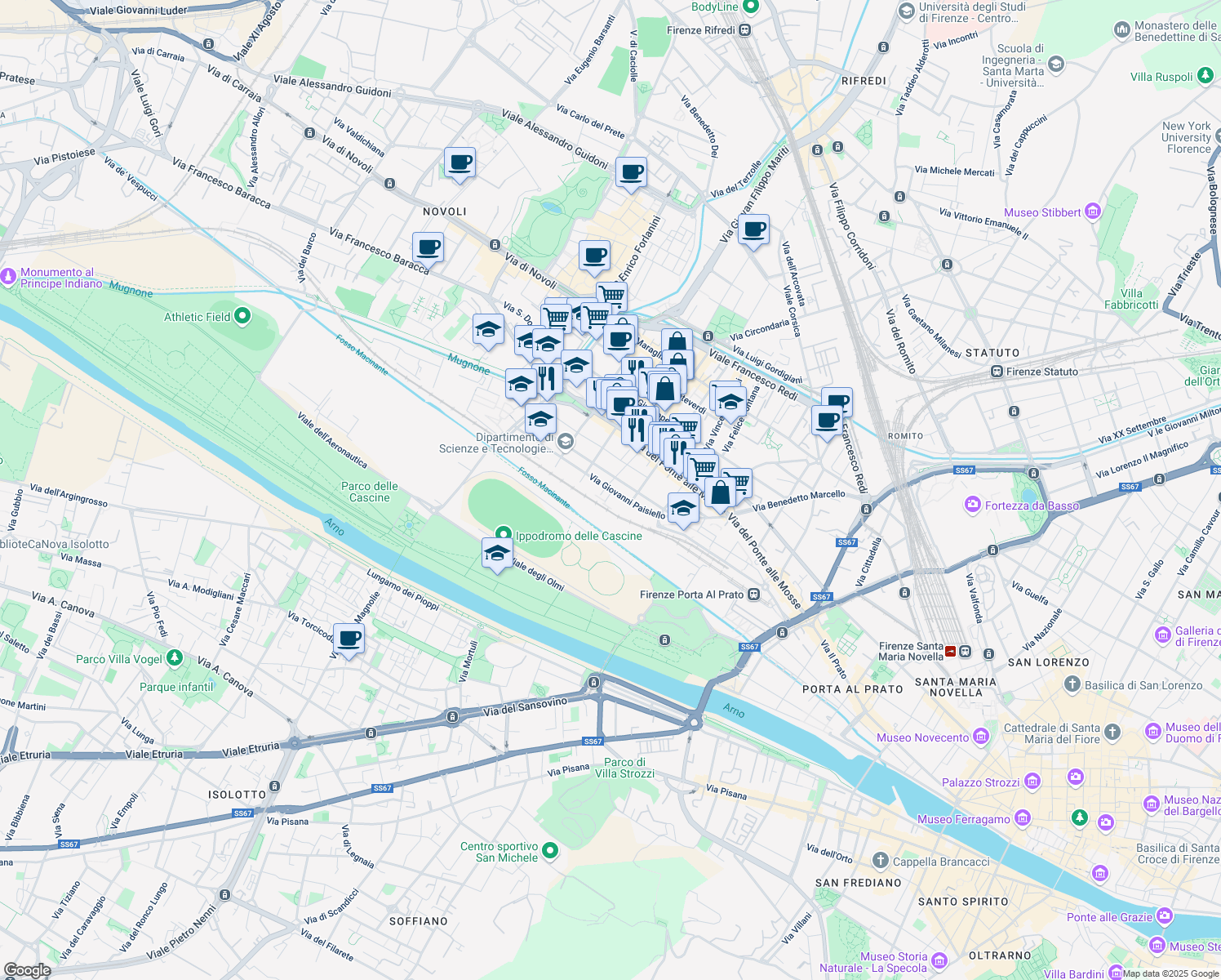 map of restaurants, bars, coffee shops, grocery stores, and more near 21-33 Via G. S. Mercadante in Florence