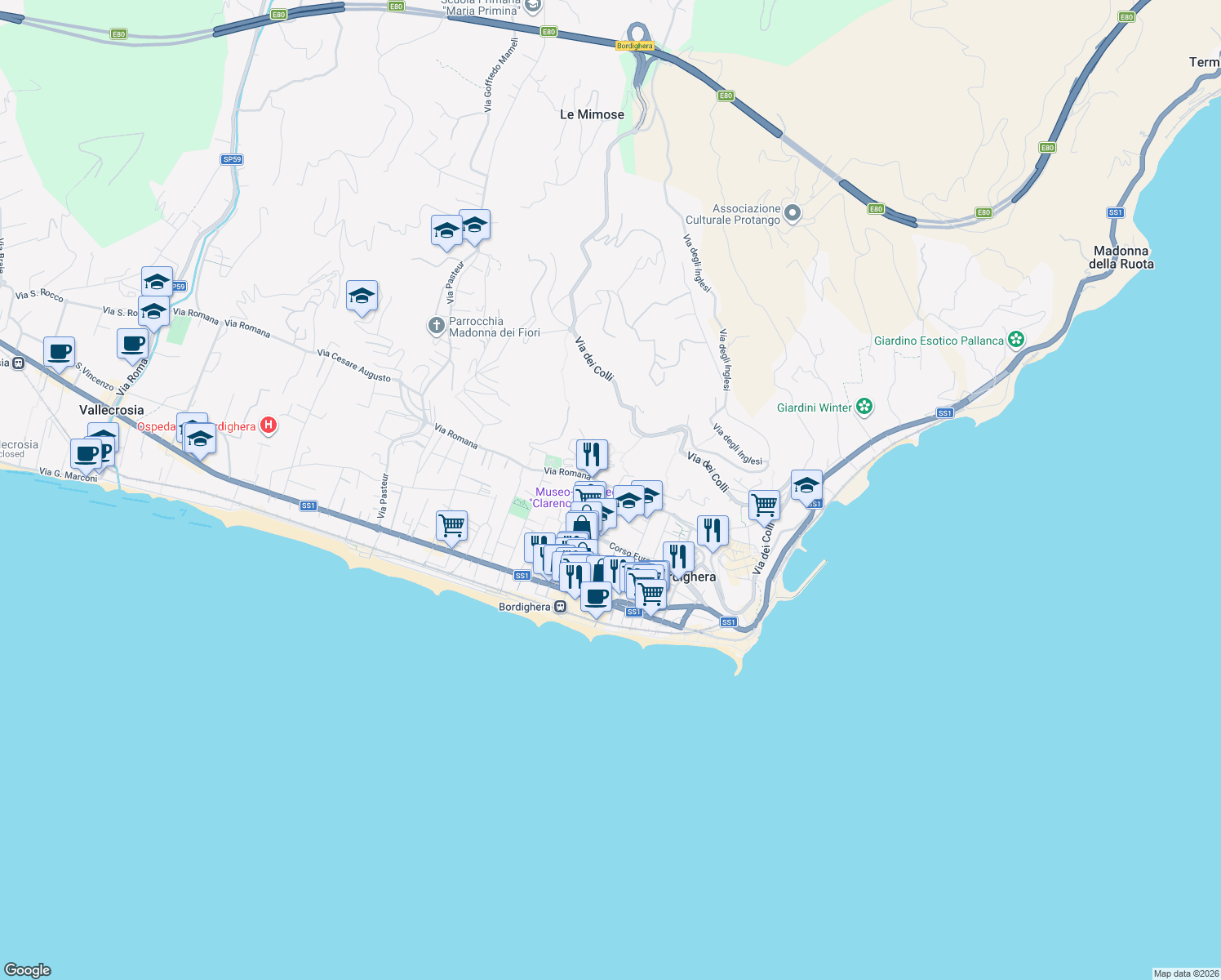 map of restaurants, bars, coffee shops, grocery stores, and more near 19 Via Vallone in Bordighera