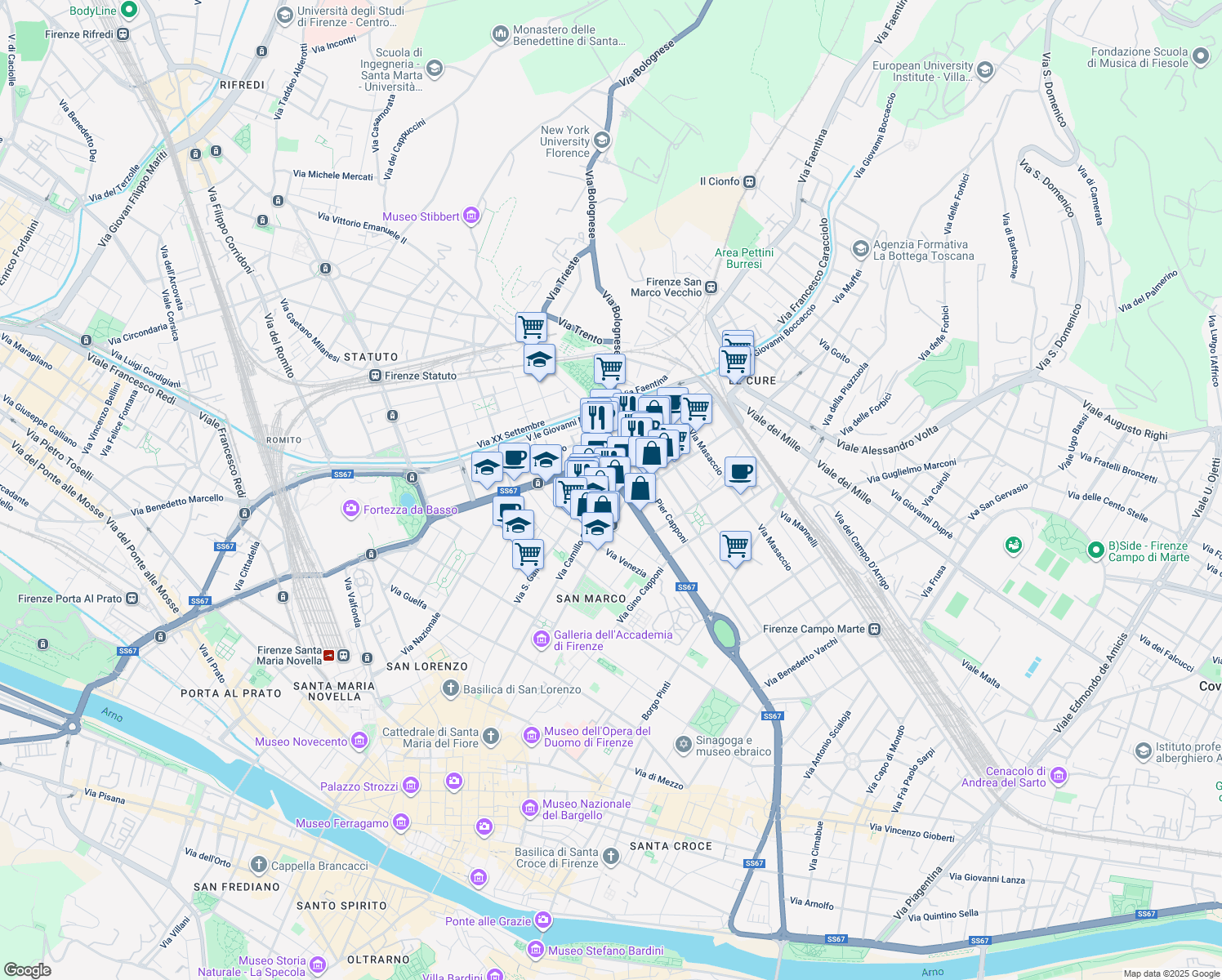 map of restaurants, bars, coffee shops, grocery stores, and more near 112 Via Camillo Benso Cavour in Firenze