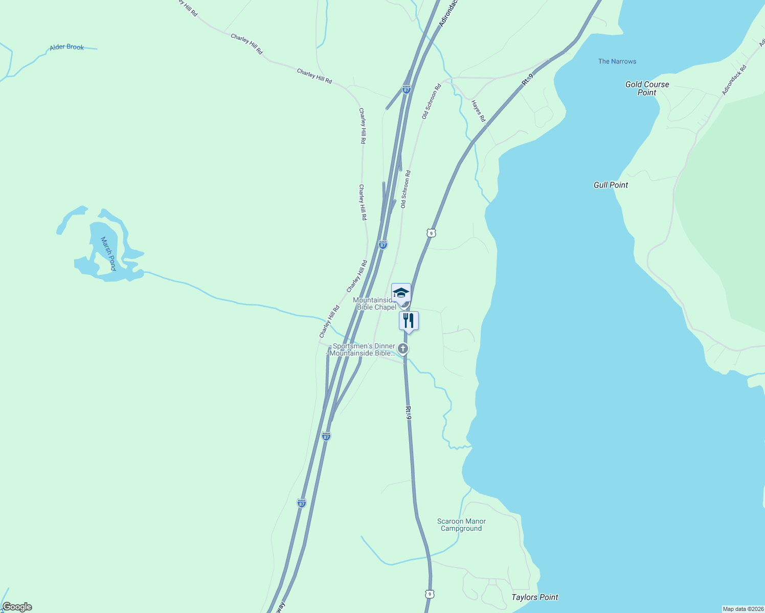 map of restaurants, bars, coffee shops, grocery stores, and more near South Schroon Road in Schroon Lake
