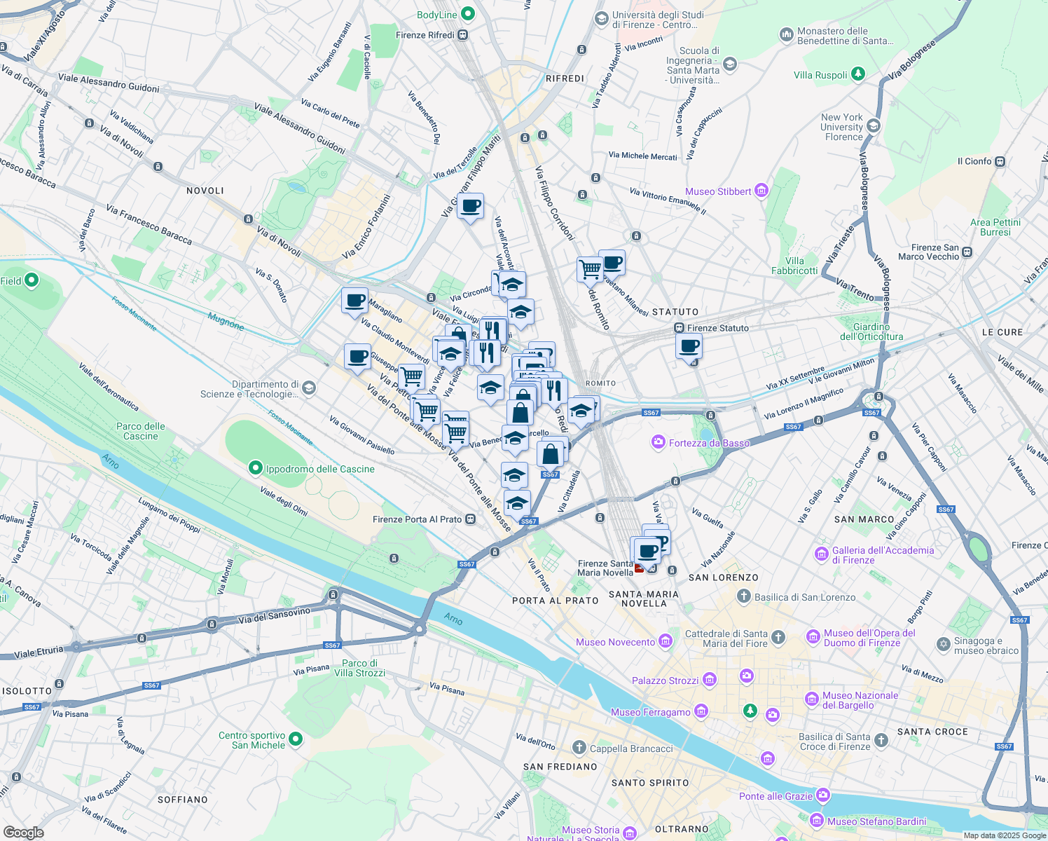 map of restaurants, bars, coffee shops, grocery stores, and more near 15 Via Bartolomeo Cristofori in Firenze
